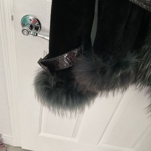 NEW Rosleen BLUE FUR COAT LEATHER BELT ACCENTS FULLY LINED ZIP SIZE 18 - Picture 4 of 15